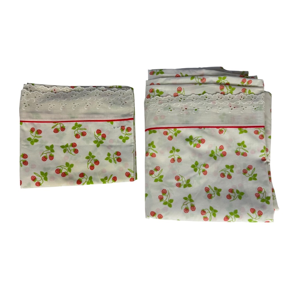 Vintage Fieldcrest Strawberry Twin Flat Sheet Pillowcase Set Eyelet Lace USA